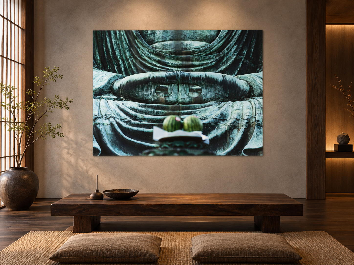 Interior visualization featuring the photographic artwork “Kötoku-in, Japan” by André Wagner; not a photographed installation.