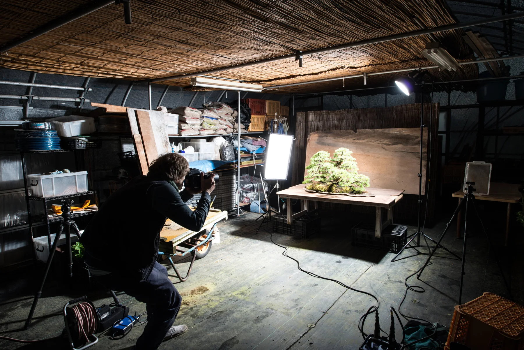 Espace de travail artistique avec &eacute;crans et mat&eacute;riel photographique
