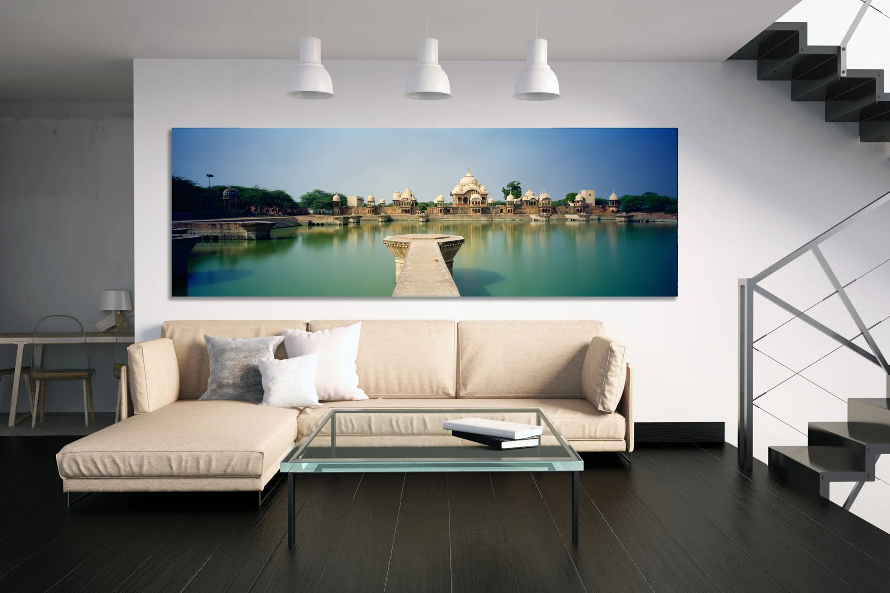 Interior visualization with the photographic artwork &ldquo;Kushum Sarovar, Indien&rdquo; by Andr&eacute; Wagner; not a photographed installation.