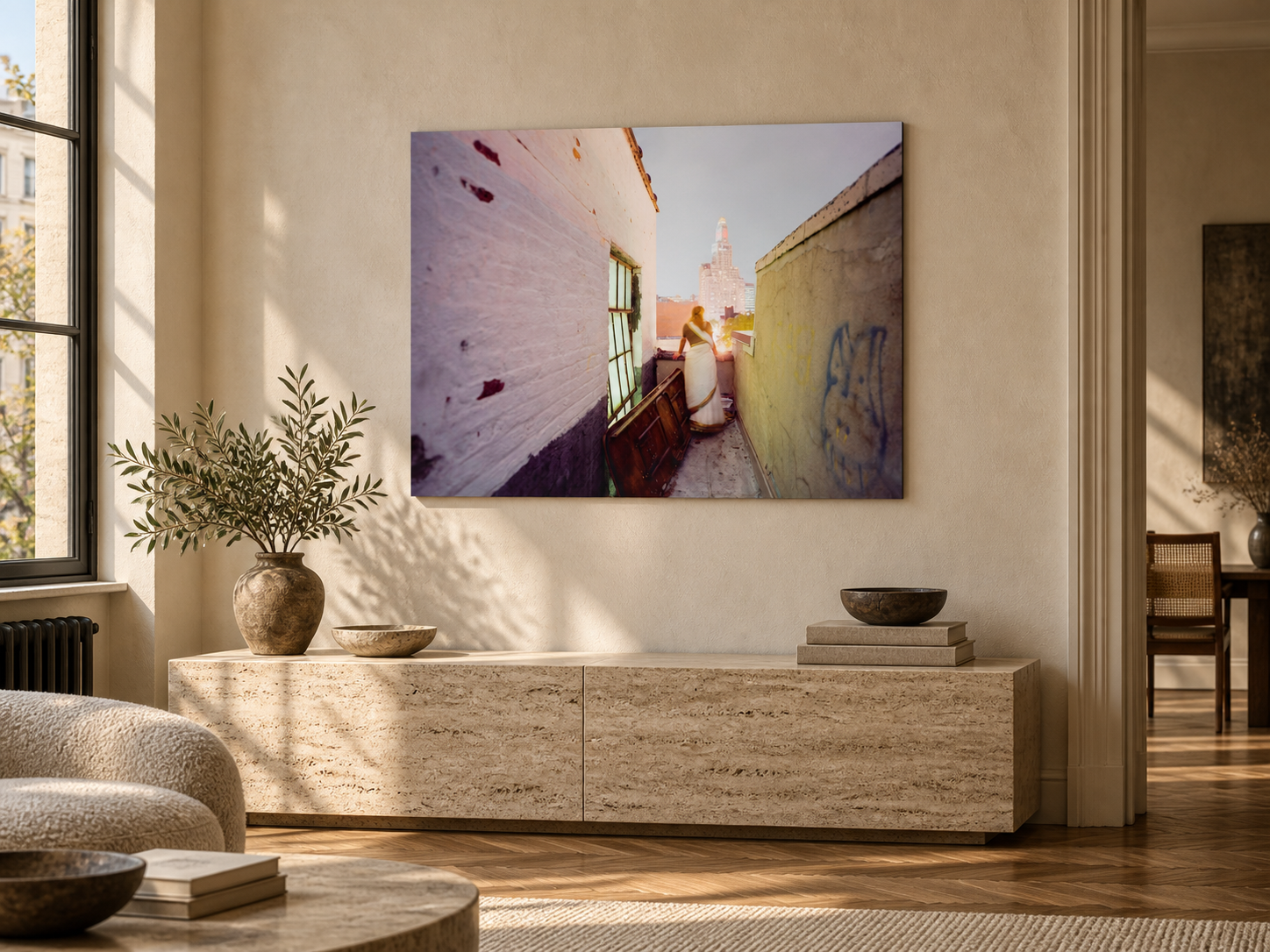 Raumvisualisierung mit der Fotokunst „Longing for home, Usa“ von André Wagner; keine fotografierte Installation.