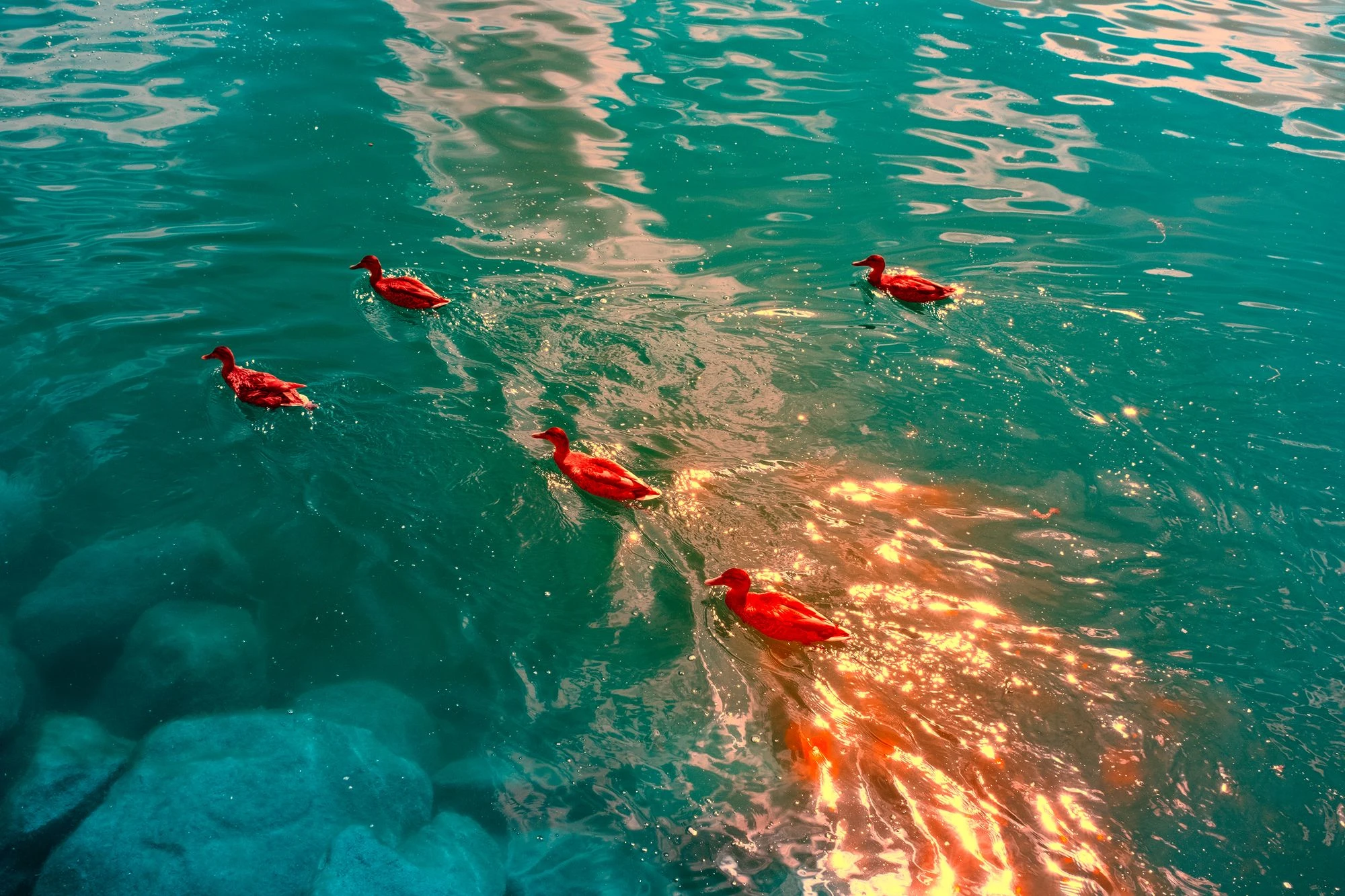 Photographie d’art infrarouge d’André Wagner: Cinq canards d’un rouge éclatant traversent une eau turquoise — MAGMA DUCKS.