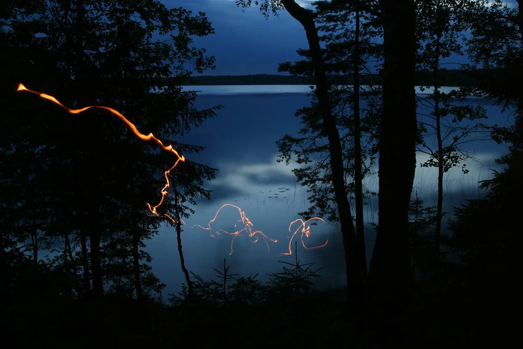 Night-time fine art photograph with light trails between dark trees beside water