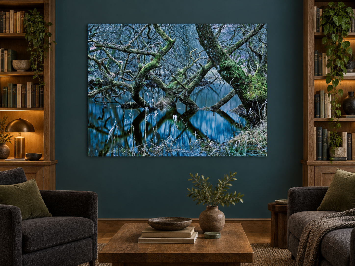 Interior visualization featuring the photographic artwork “Oasis of silence 4, Schottland” by André Wagner; not a photographed installation.