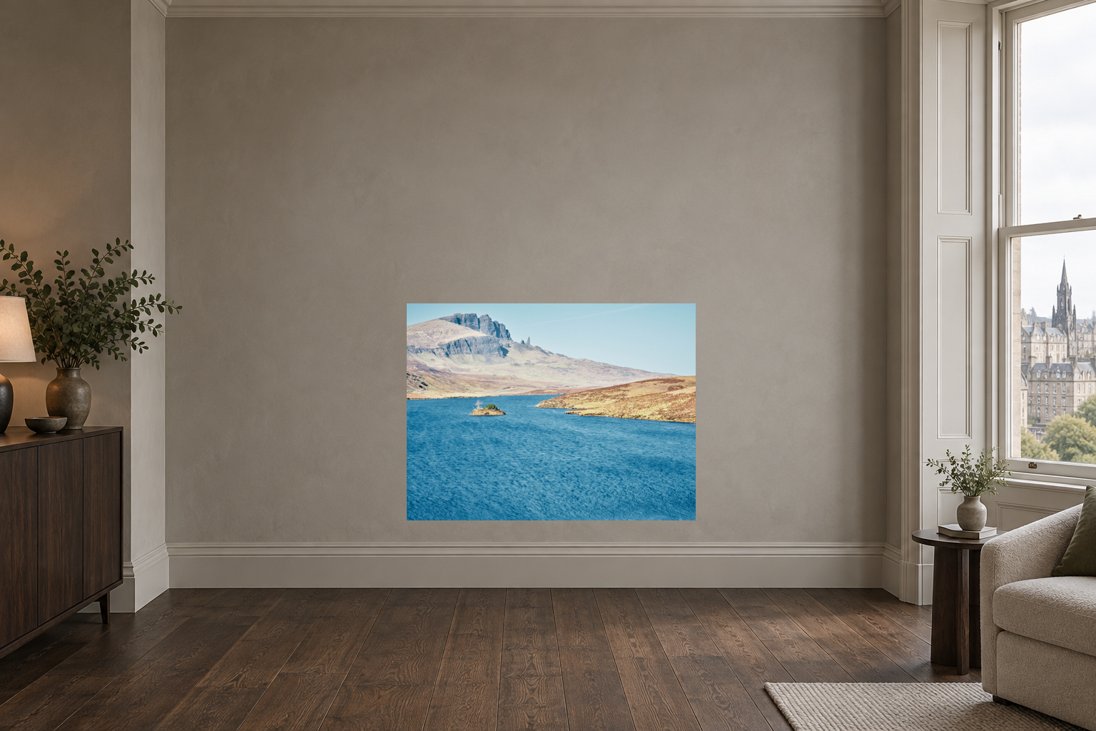 Visualisation d’intérieur avec l’œuvre photographique « Old man of storr, Schottland » d’André Wagner ; il ne s’agit pas d’une installation photographiée.