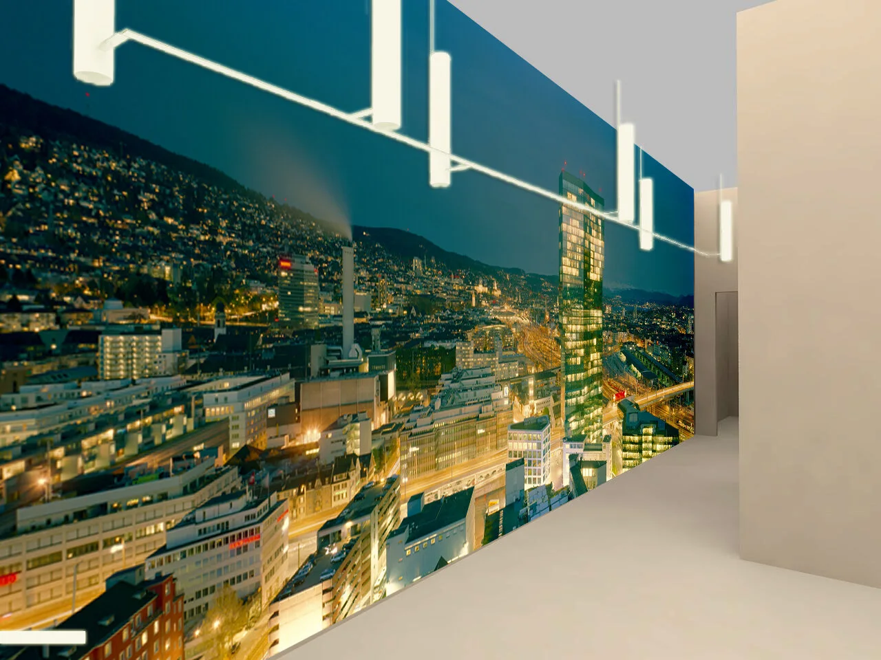 Panoramic photographic artwork of an illuminated city in an entrance hall