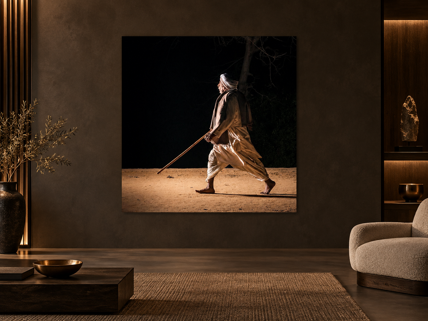 Interior visualization featuring the photographic artwork “Pilgrims at govardhan 1, Indien” by André Wagner; not a photographed installation.