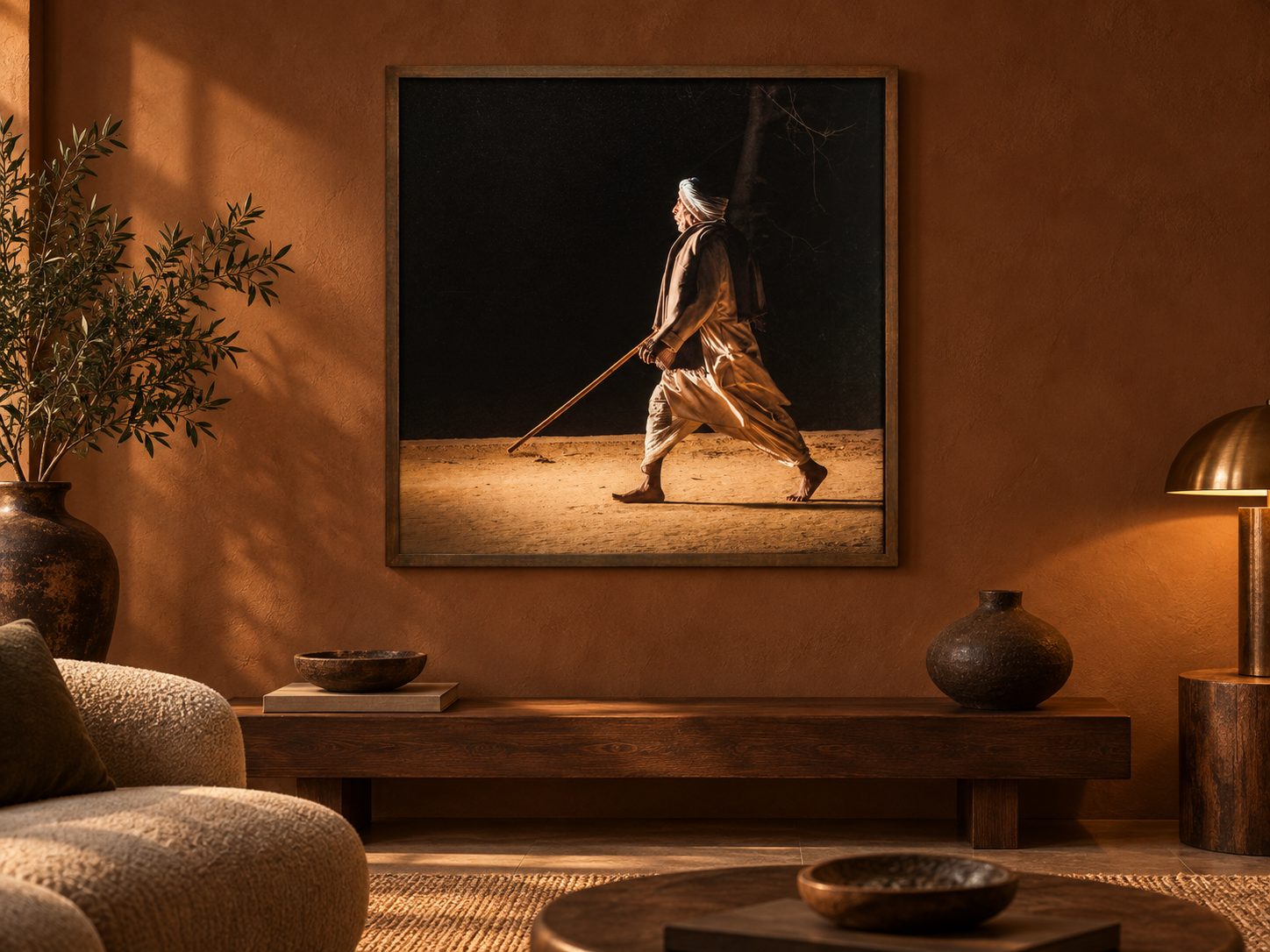 Visualisation d’intérieur avec l’œuvre photographique « Pilgrims at govardhan 1, Indien » d’André Wagner ; il ne s’agit pas d’une installation photographiée.