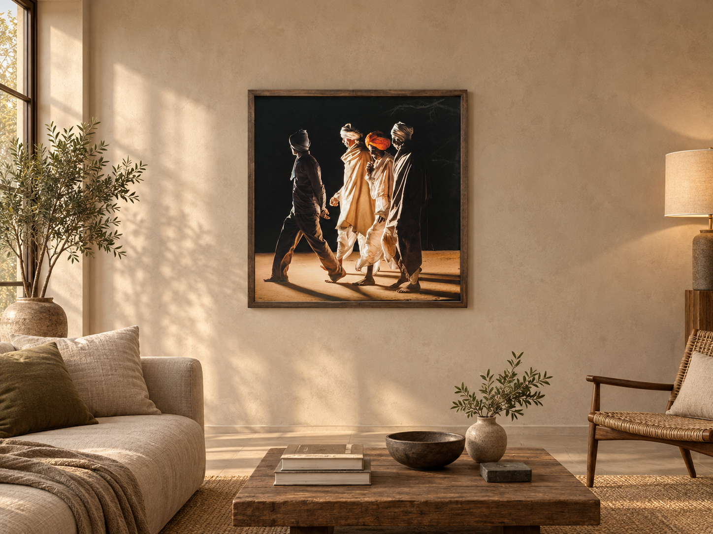Visualisation d’intérieur avec l’œuvre photographique « Pilgrims at govardhan 12, Indien » d’André Wagner ; il ne s’agit pas d’une installation photographiée.