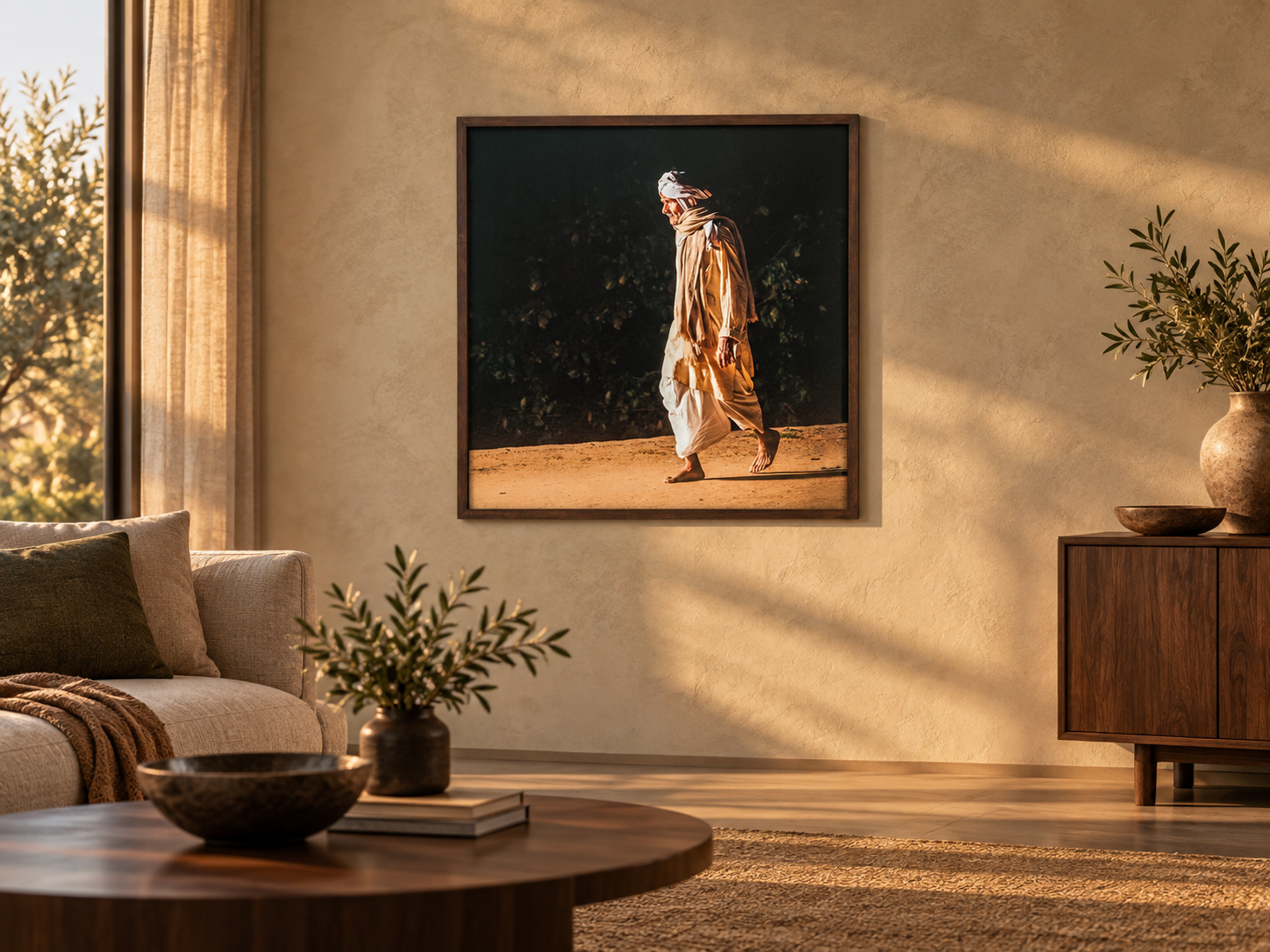 Visualisation d’intérieur avec l’œuvre photographique « Pilgrims at govardhan 4, Indien » d’André Wagner ; il ne s’agit pas d’une installation photographiée.