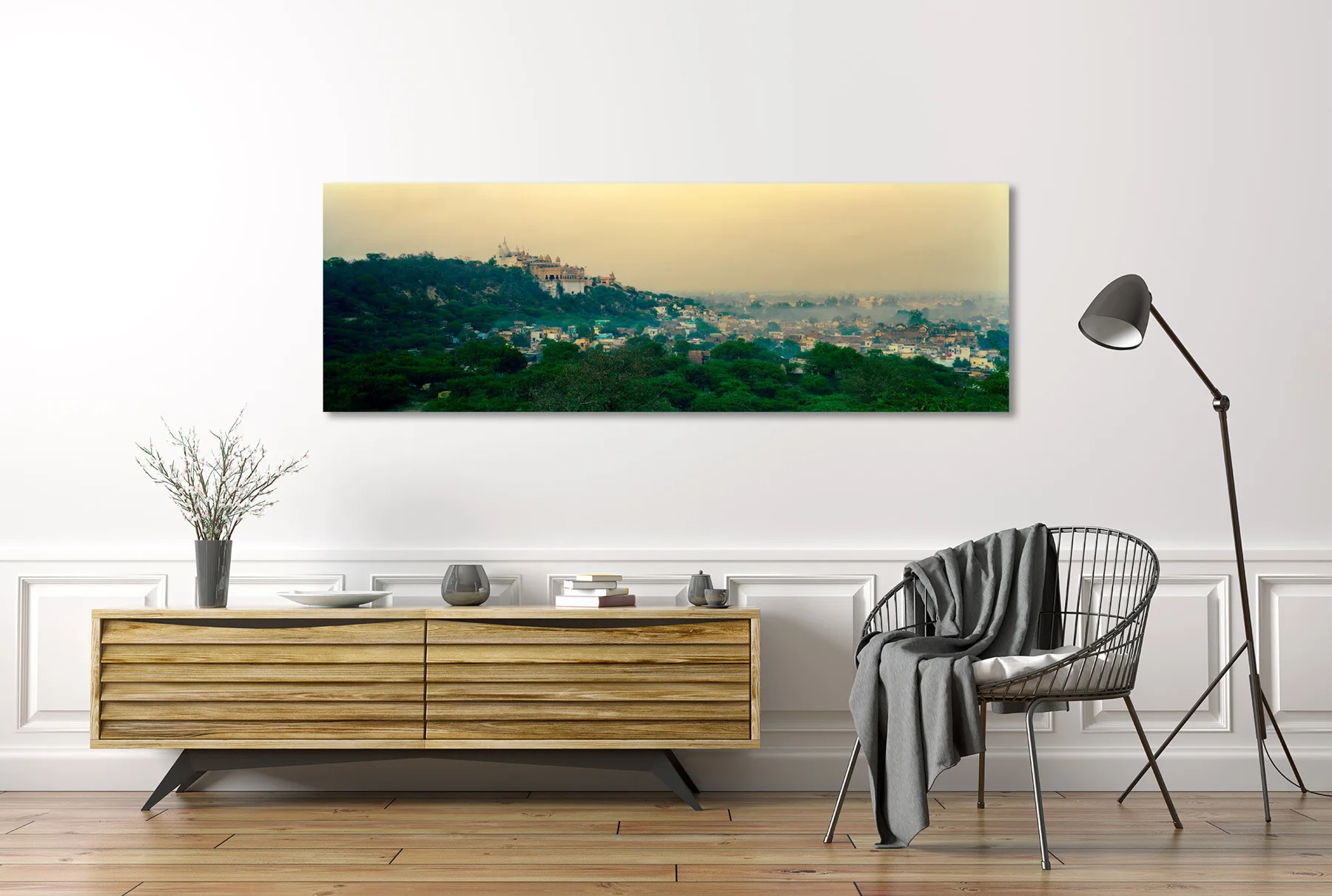 Interior visualization with the photographic artwork &ldquo;Radharani Temple, Indien&rdquo; by Andr&eacute; Wagner; not a photographed installation.