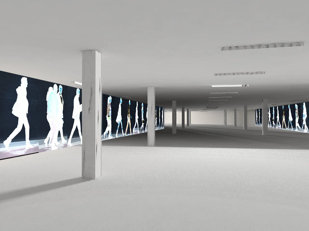 Interior design visualization with a sequence of white human silhouettes