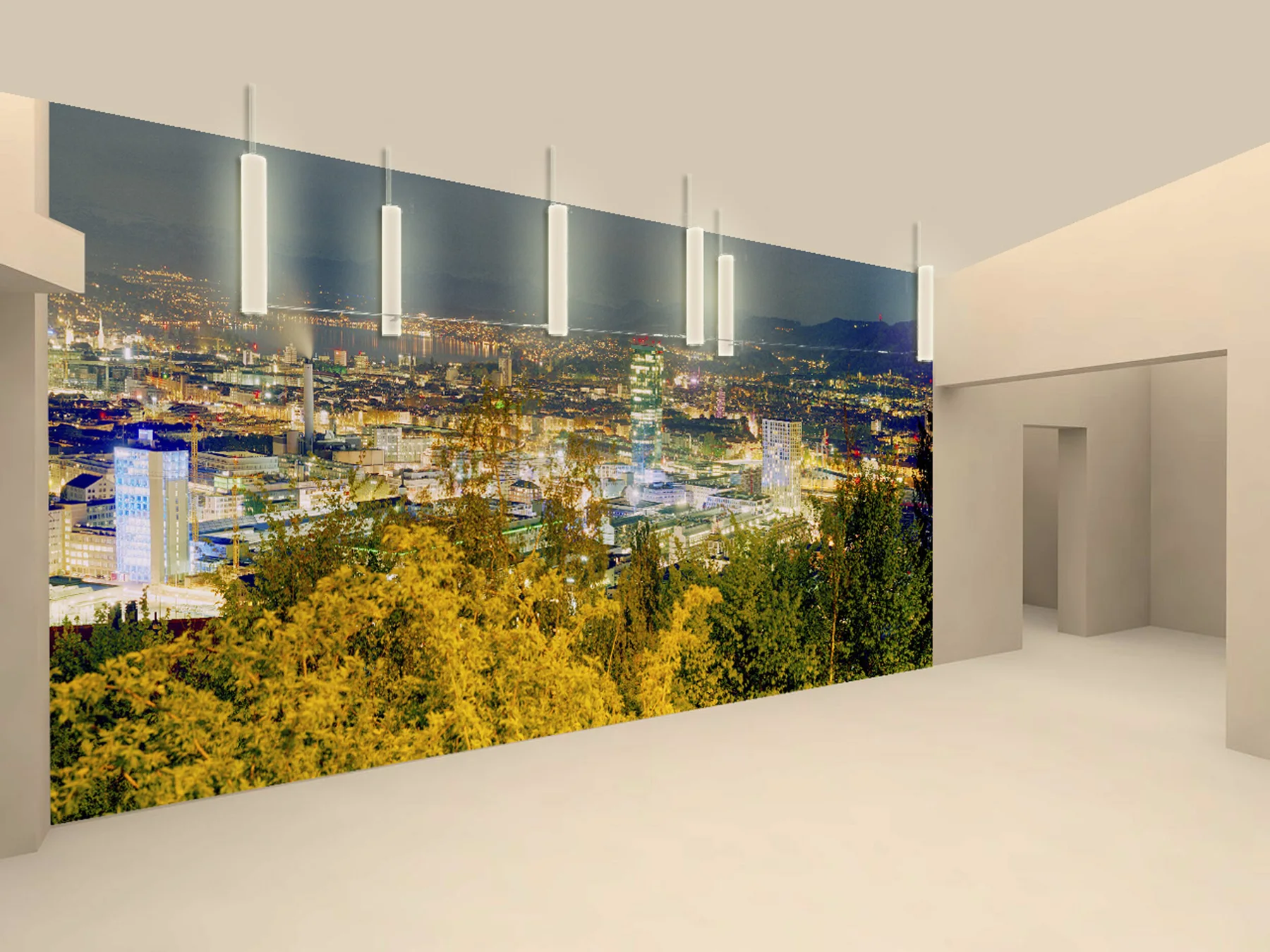 Interior design visualization with a large city photograph on the wall