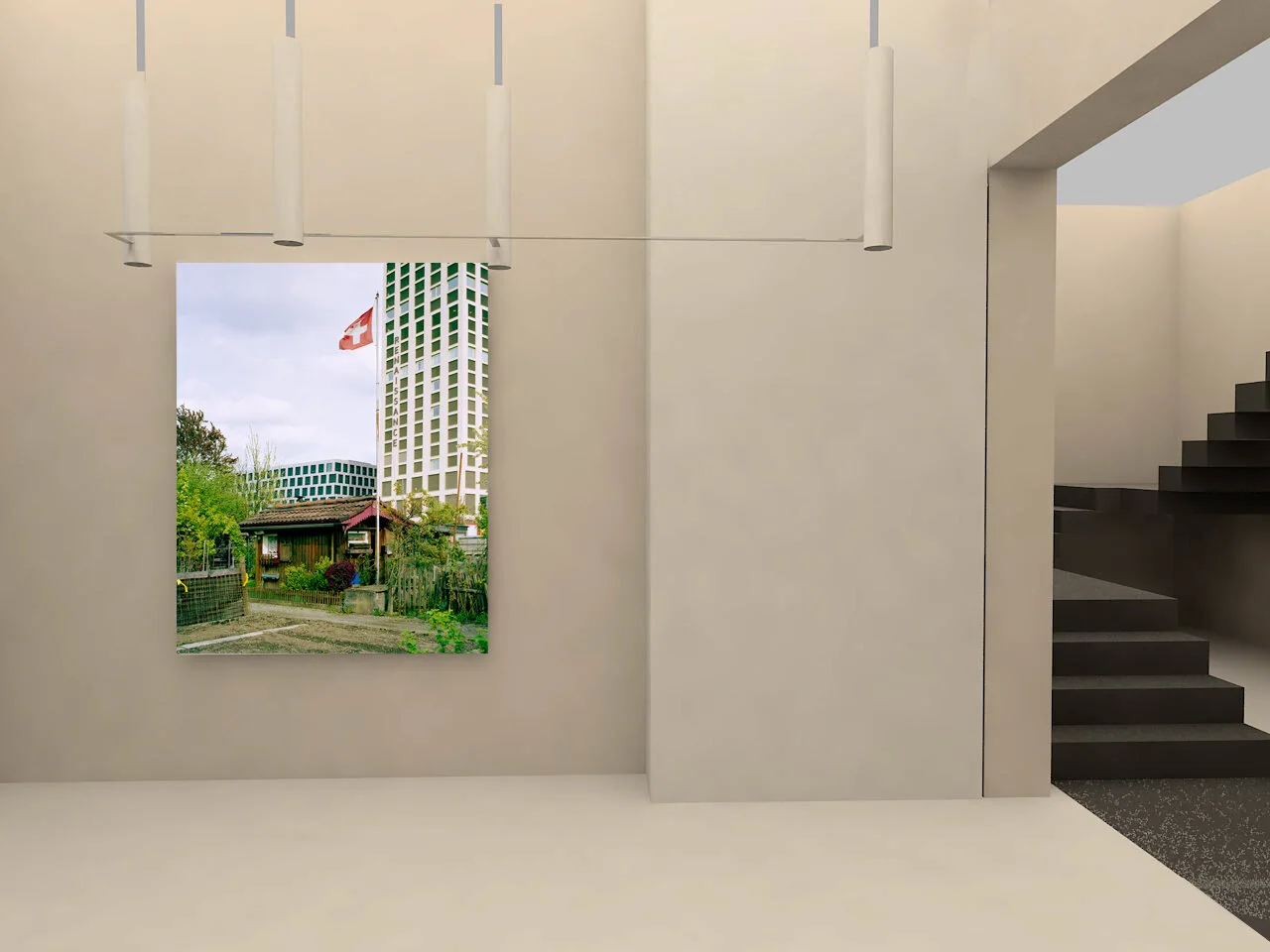 Interior visualization with a photograph of green landscape and architecture