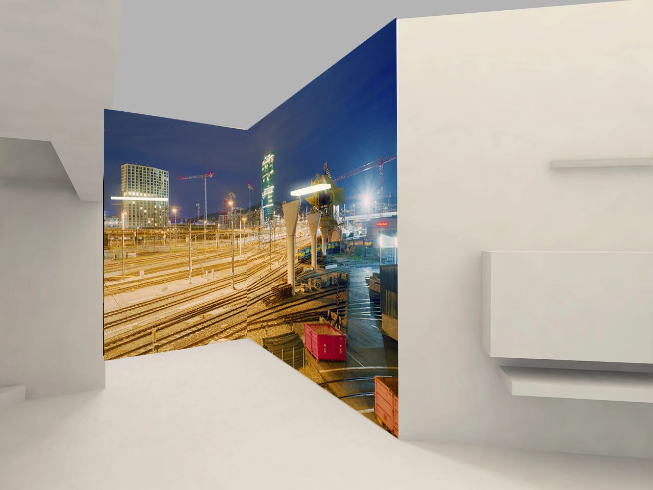 Interior visualization with a photograph of city lights at night