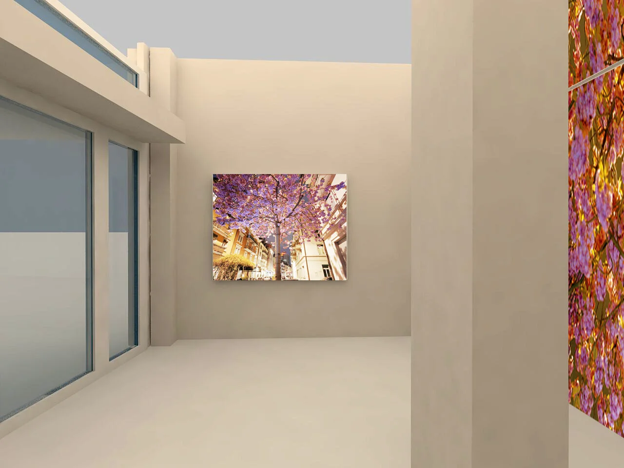 Interior visualization featuring a photograph of pink trees