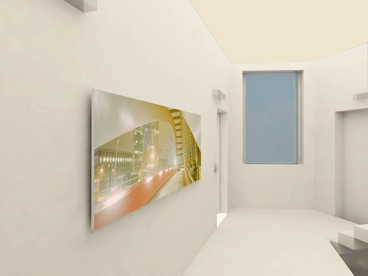 Interior visualization with a panoramic photograph on a corridor wall