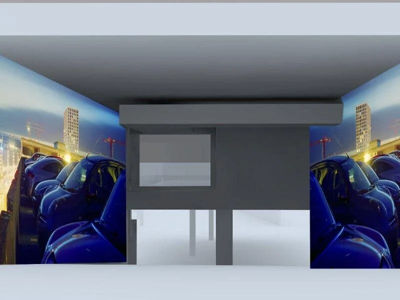 Interior visualization with photographic art of a rocky night landscape on two walls