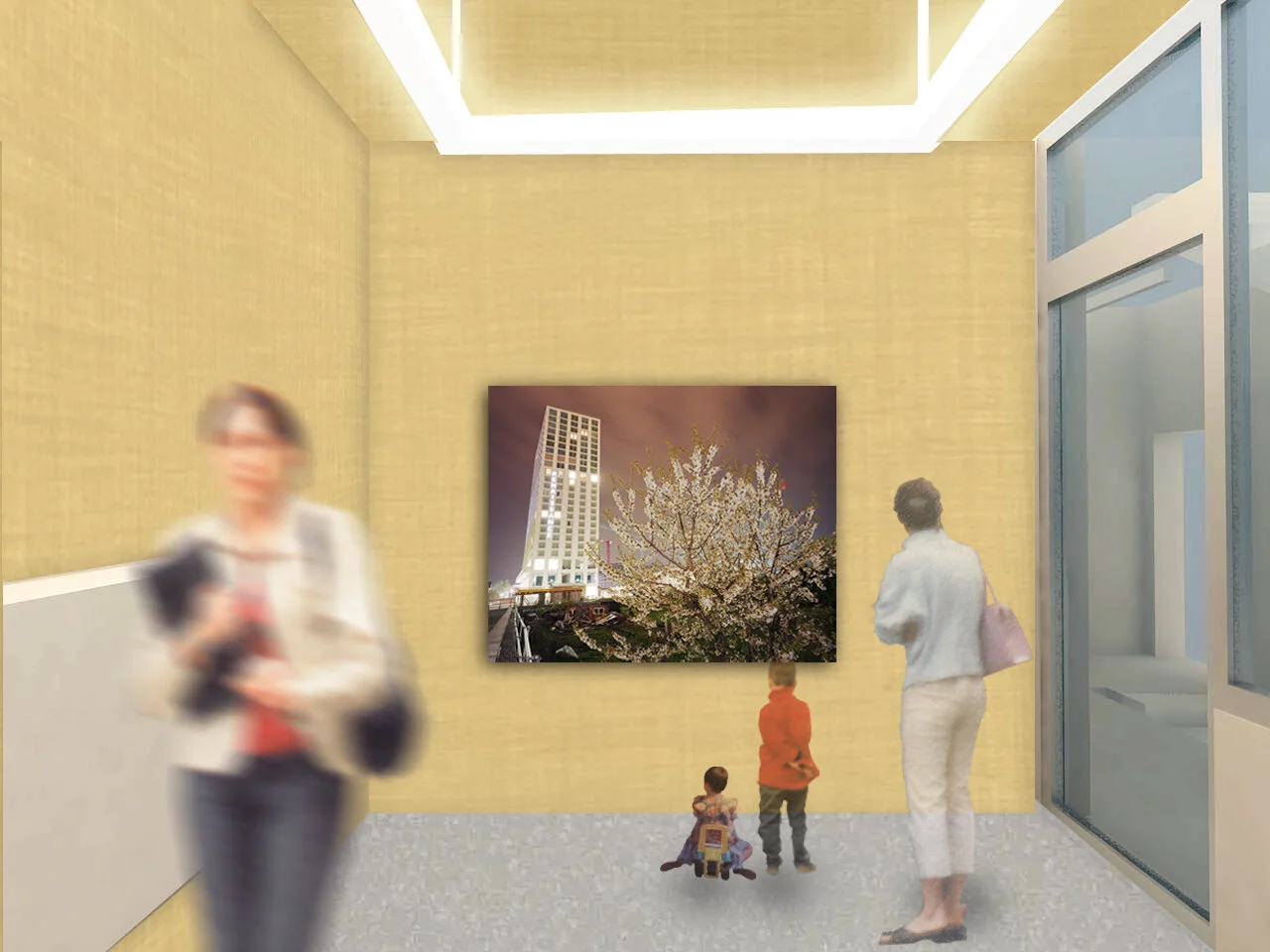 Interior visualization with photographic art of an illuminated woodland
