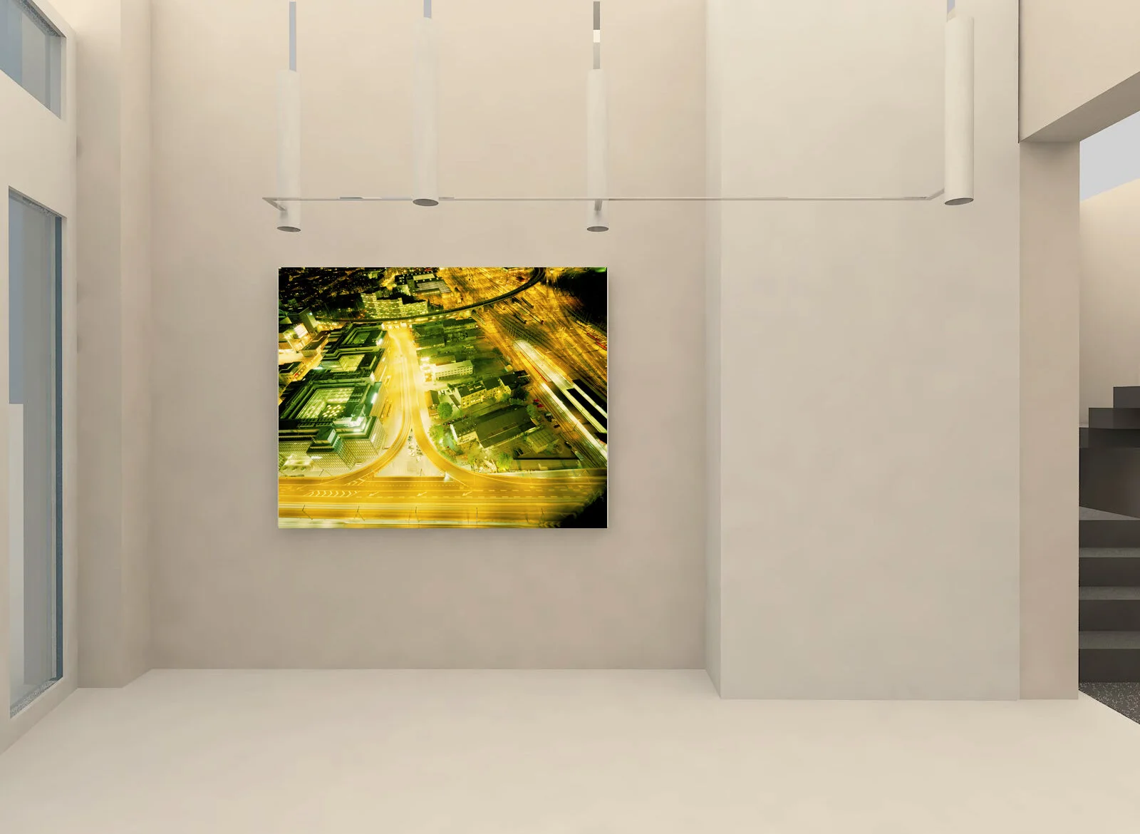 Interior visualization with photographic art of golden light trails in woodland