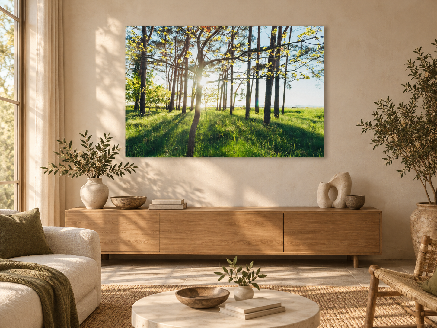 Visualisation d’intérieur avec l’œuvre photographique « Reflective sun behind the tree, Deutschland » d’André Wagner ; il ne s’agit pas d’une installation photographiée.