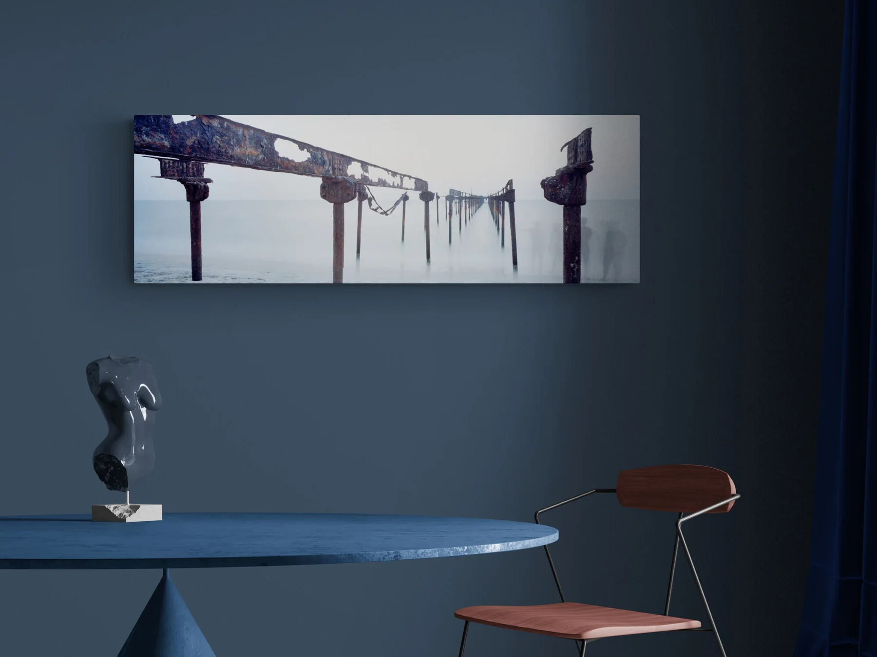 Interior visualization with the photographic artwork &ldquo;Rust Bridge, Indien&rdquo; by Andr&eacute; Wagner; not a photographed installation.