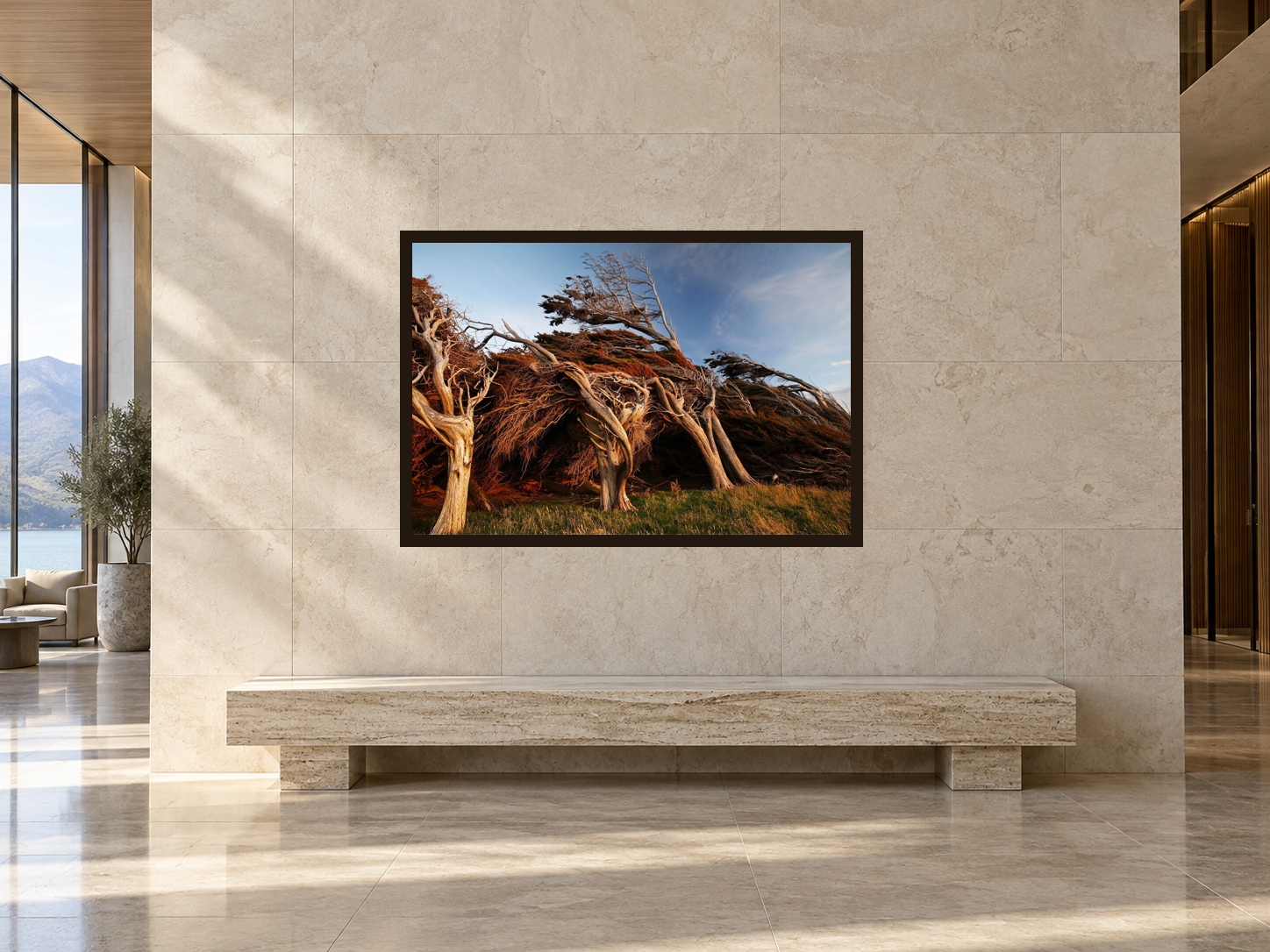 Visualisation d’intérieur avec l’œuvre photographique « Slope point 1, Neuseeland » d’André Wagner ; il ne s’agit pas d’une installation photographiée.