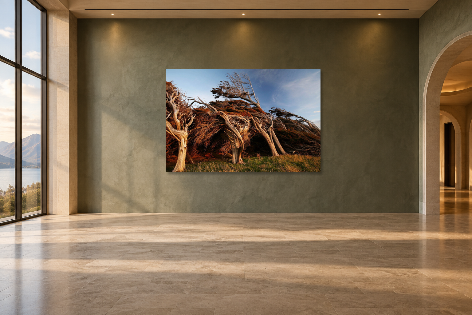 Visualisation d’intérieur avec l’œuvre photographique « Slope point 1, Neuseeland » d’André Wagner ; il ne s’agit pas d’une installation photographiée.