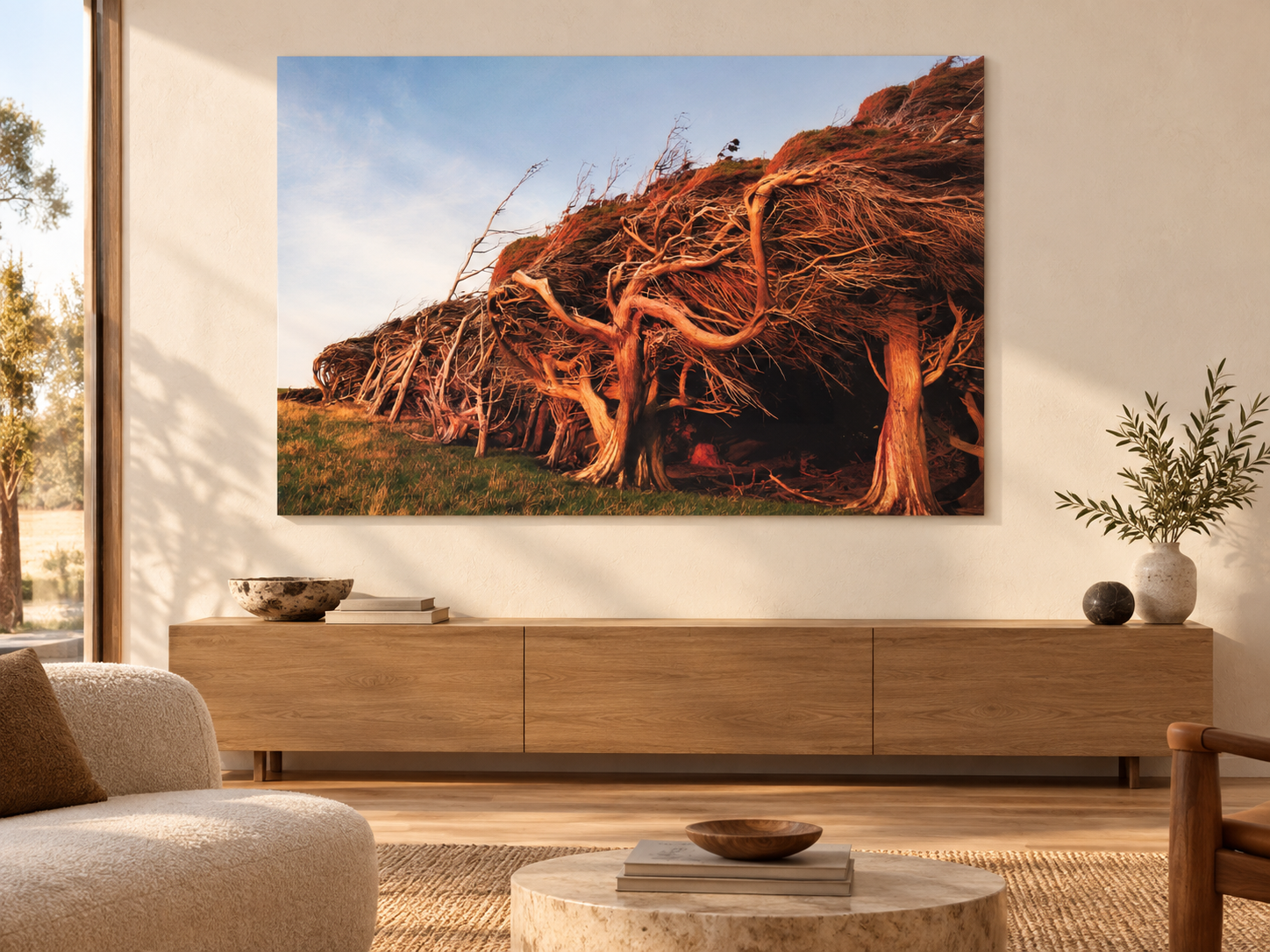 Visualisation d’intérieur avec l’œuvre photographique « Slope point 2, Neuseeland » d’André Wagner ; il ne s’agit pas d’une installation photographiée.