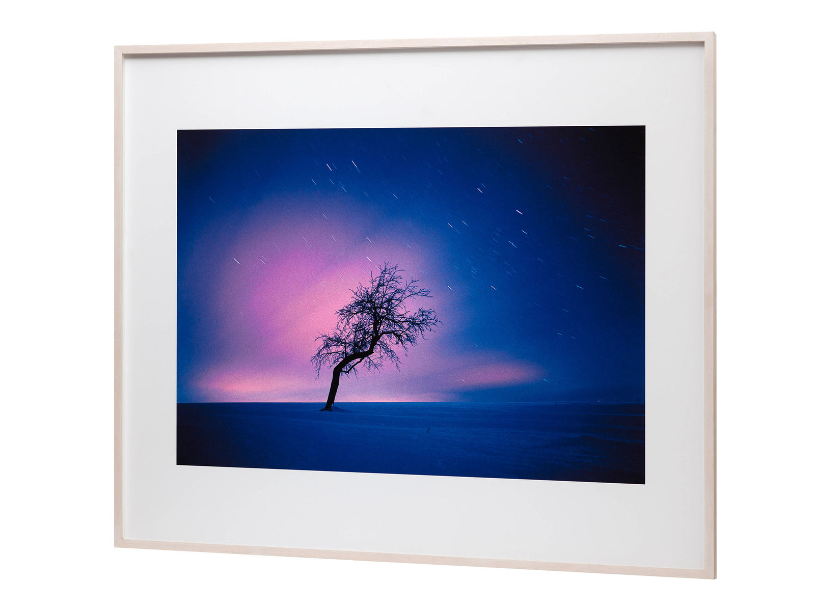 Photographie d’art d’André Wagner: Un arbre solitaire se dresse en oblique devant un ciel bleu, violet et rose — Sound, Deutschland.