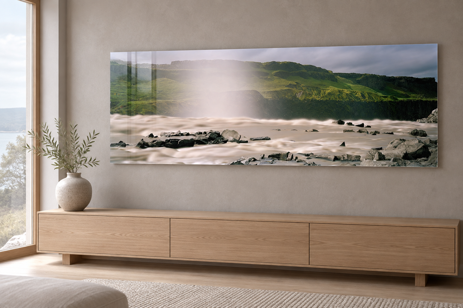 Interior visualization featuring the photographic artwork “Swimming against the stream, Island” by André Wagner; not a photographed installation.
