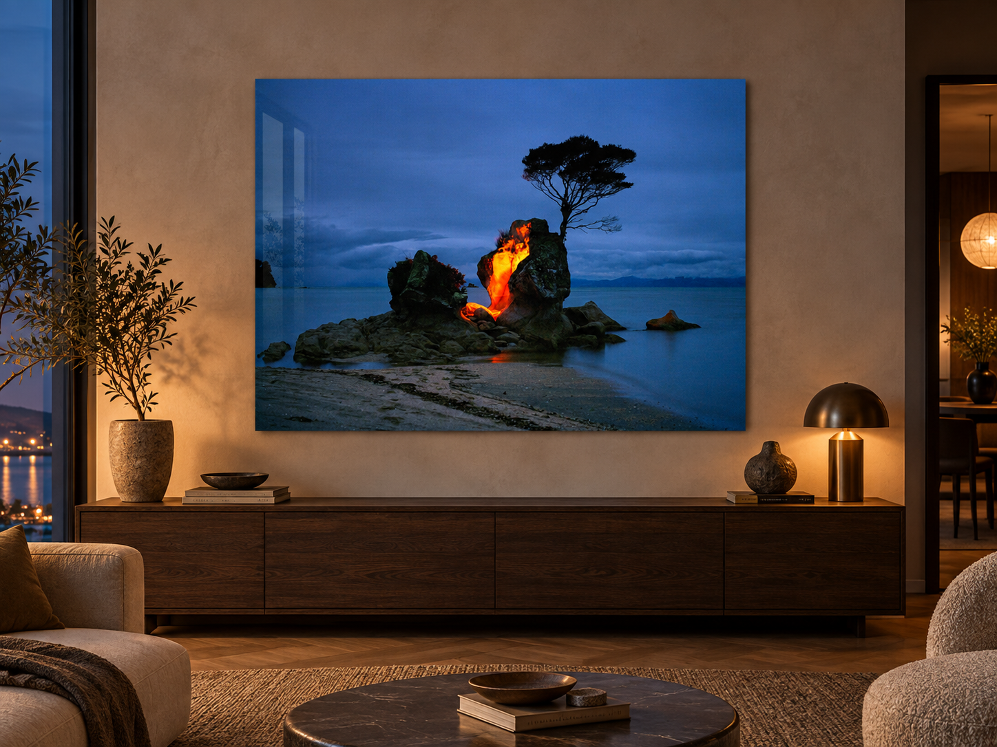 Interior visualization featuring the photographic artwork “To play with fire, Neuseeland” by André Wagner; not a photographed installation.