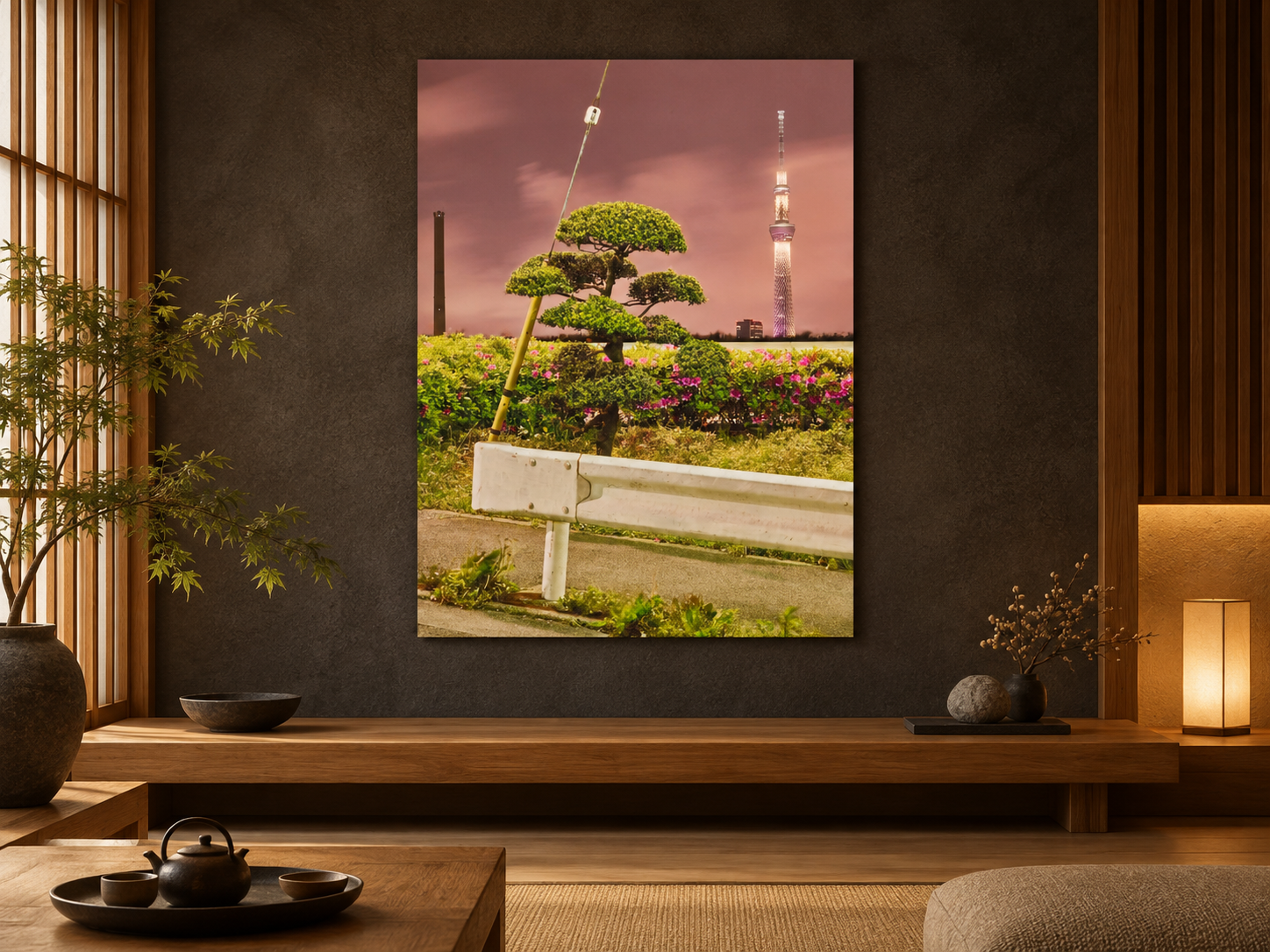 Raumvisualisierung mit der Fotokunst „Tokyo tower, Japan“ von André Wagner; keine fotografierte Installation.