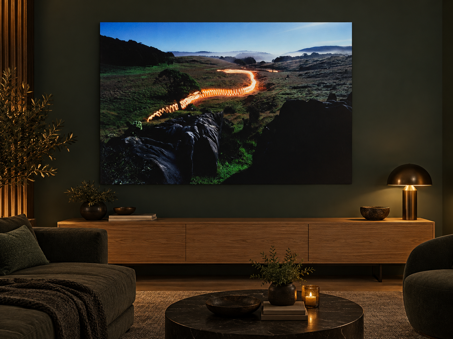 AI-generated room visualisation – Torchlight, New Zealand. An illustration of scale and spatial presence, not a photographed installation.