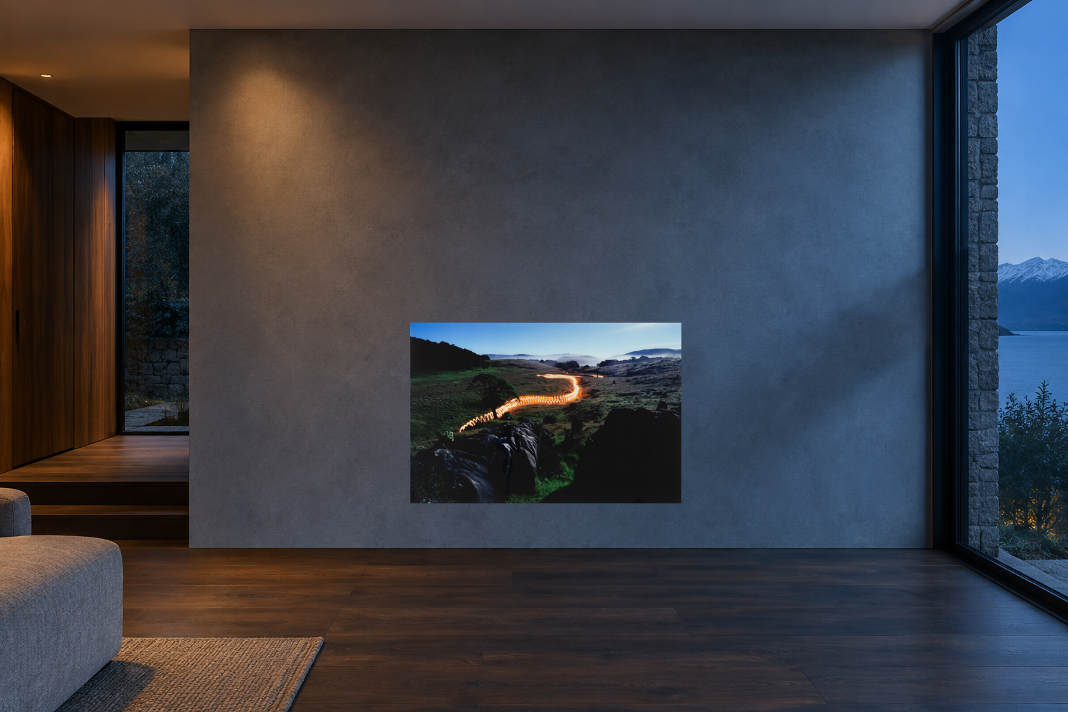 Interior visualization with the photographic artwork “Torchlight, Neuseeland” by André Wagner; not a photographed installation.