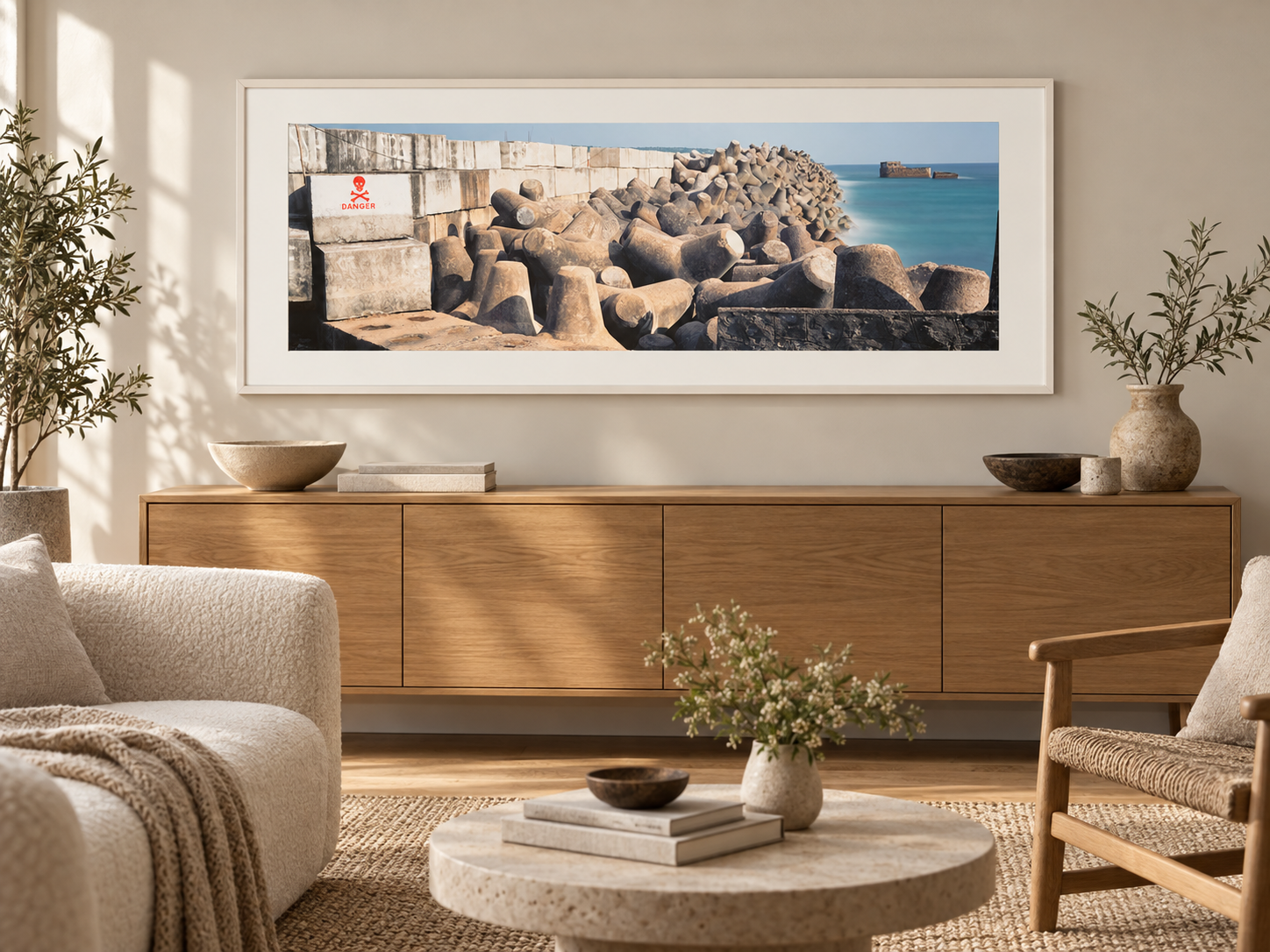 Visualisation d’intérieur avec l’œuvre photographique « Wave Breakers, Indien » d’André Wagner ; il ne s’agit pas d’une installation photographiée.