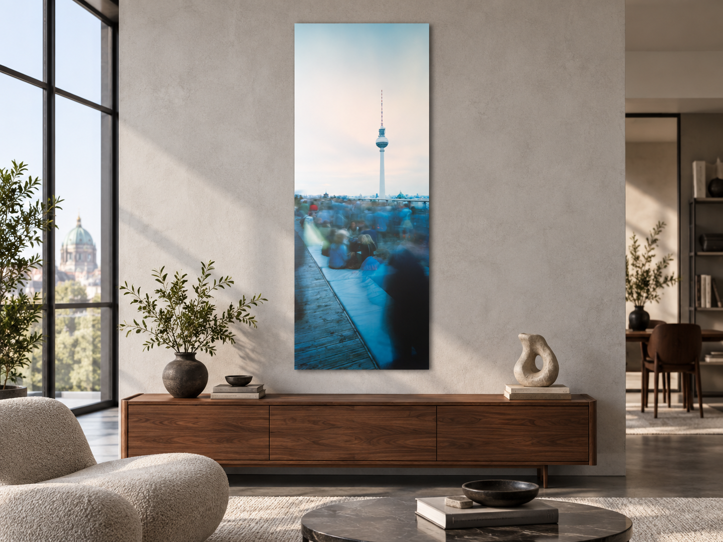 Interior visualization featuring the photographic artwork “Weekend, Deutschland” by André Wagner; not a photographed installation.