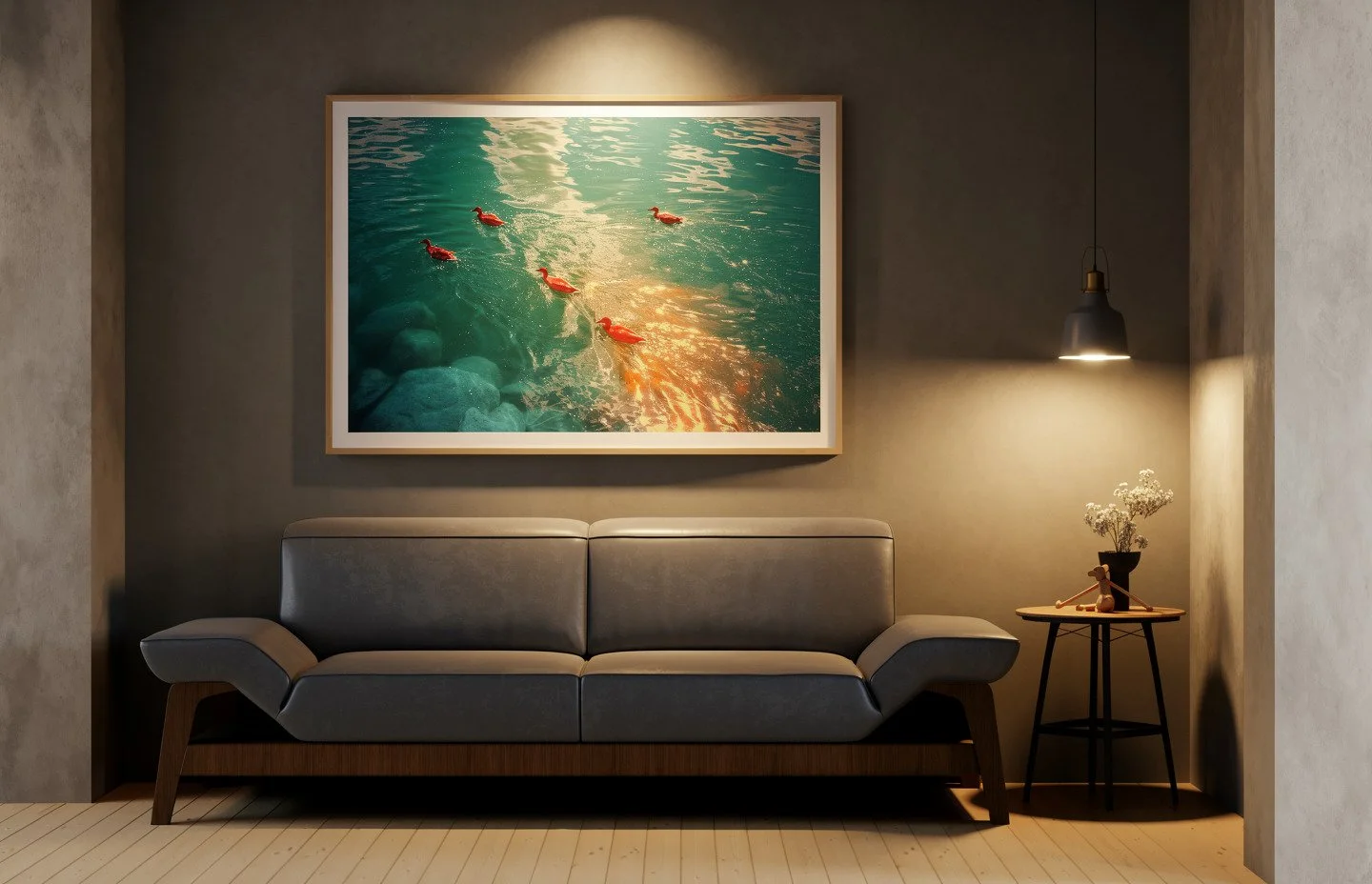 Wohnzimmer mit gerahmter Wasserfotografie und V&ouml;geln &uuml;ber einem grauen Sofa.