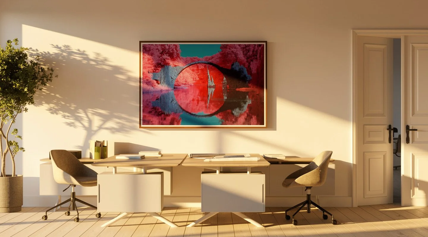 Büro mit Schreibtisch und gerahmter Infrarotfotografie in Rot- und Türkistönen.