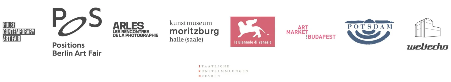 Grafik mit Logos und Texten verschiedener Kunst- und Kulturveranstaltungen und Orte in Europa, darunter Berlin Art Fair, ARLES, Kunstmuseum Moritzburg, La Biennale di Venezia, Art Market Budapest, Potsdam, Weltecho, sowie die Städte Dresden und Halle.