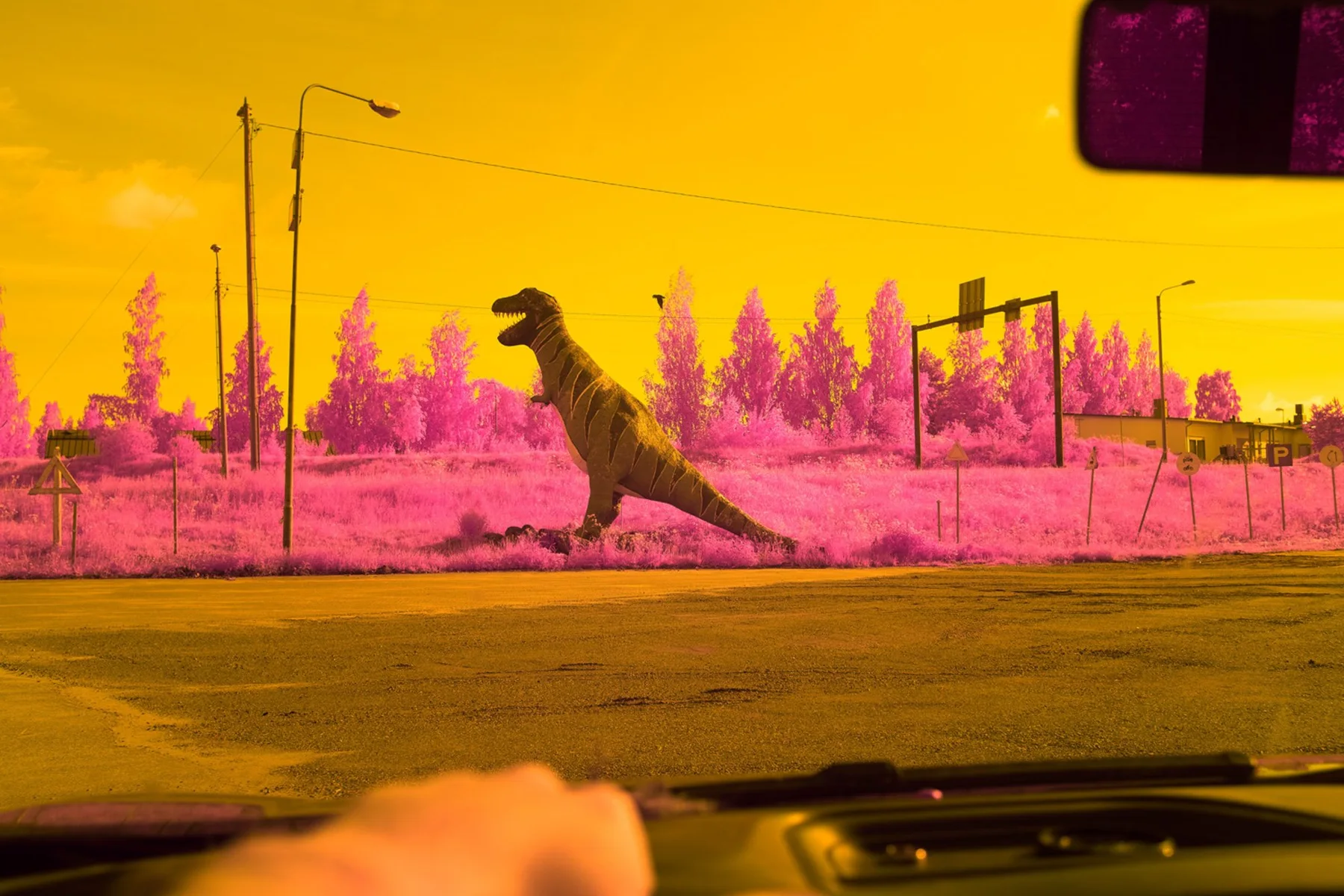 Blick aus einem Auto auf eine Dinosaurierfigur.