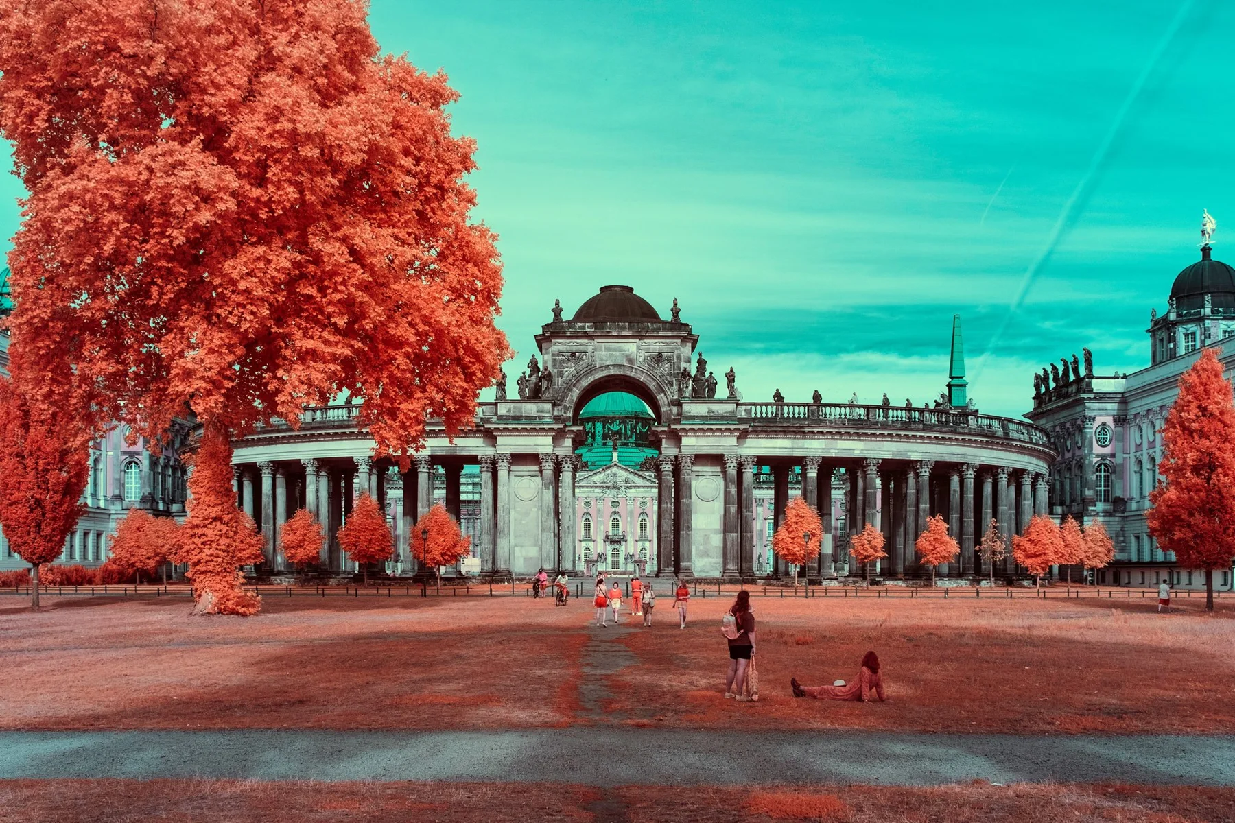 Historische Toranlage hinter einem orangefarbenen Baum.