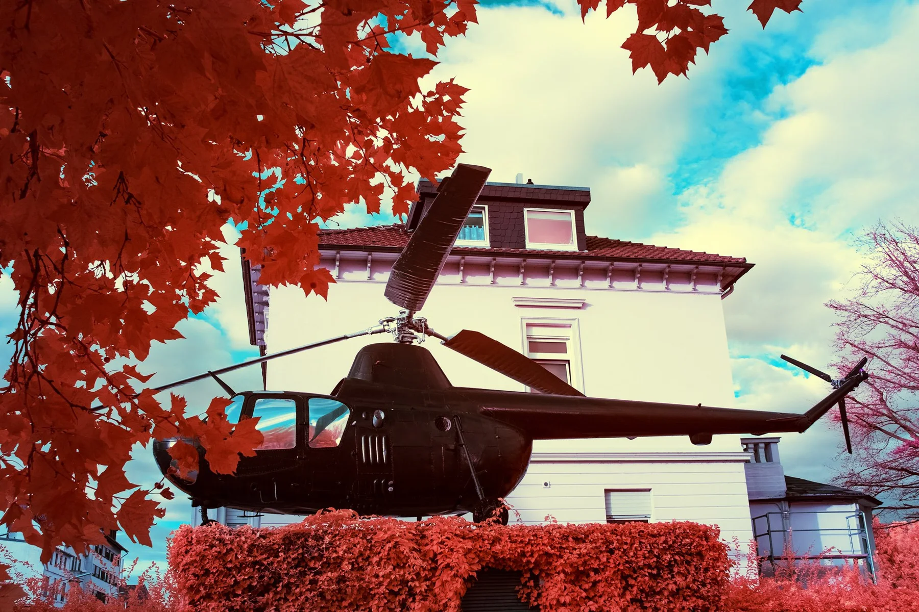 Ausgestellter Hubschrauber neben einem Geb&auml;ude unter roten B&auml;umen.