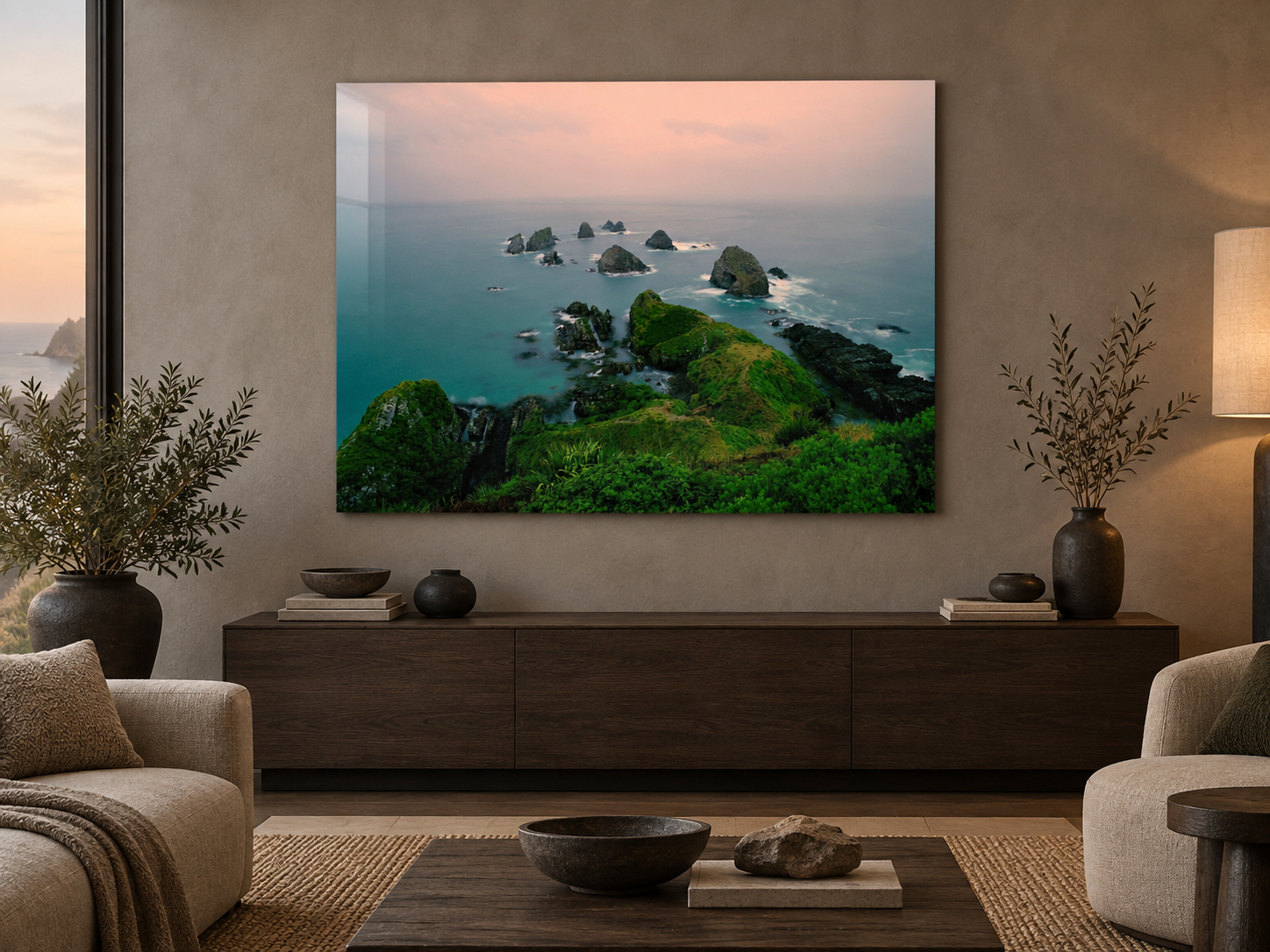 KI-generierte Raumvisualisierung – OCEAN ROCKS, NEUSEELAND im Küstensammlerwohnraum. Orientierung zu Größe und Wirkung; keine fotografierte Installation.