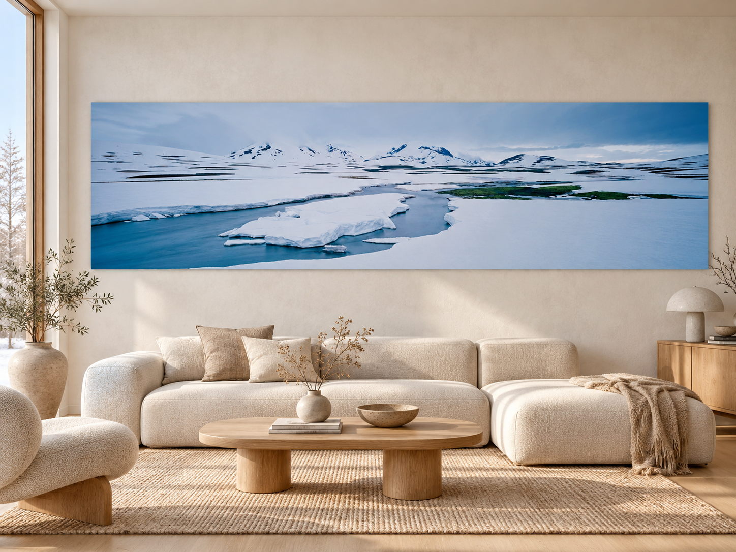 KI-generierte Raumvisualisierung – ISLAND SPRING, ISLAND in einem nordischen Sammlerinterieur. Orientierung zu Größe und Wirkung; keine fotografierte Installation.
