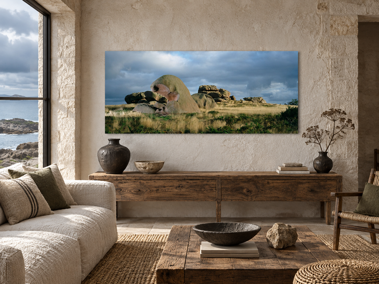 Visualisation d’intérieur générée par IA – STORY OF WIND 2, FRANKREICH dans un intérieur de collectionneur sur le littoral français. Présentation indicative du format et de l’effet spatial ; il ne s’agit pas d’une installation photographiée.
