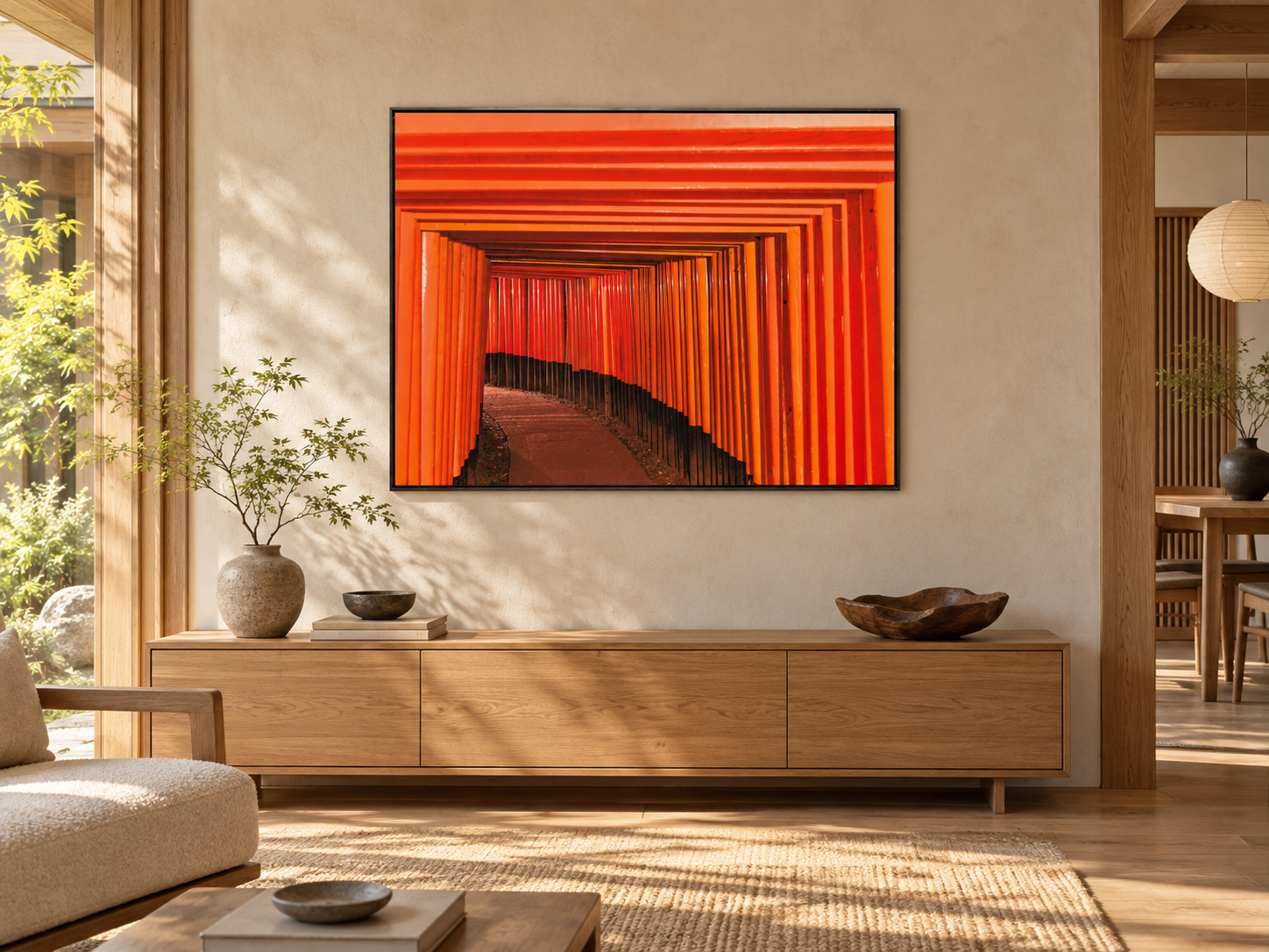 KI-generierte Raumvisualisierung – FUSHIMI INARI-TAISHA 5, JAPAN mit der vorhandenen gerahmten Reproduktion. Orientierung zu Größe und Wirkung; keine fotografierte Installation.