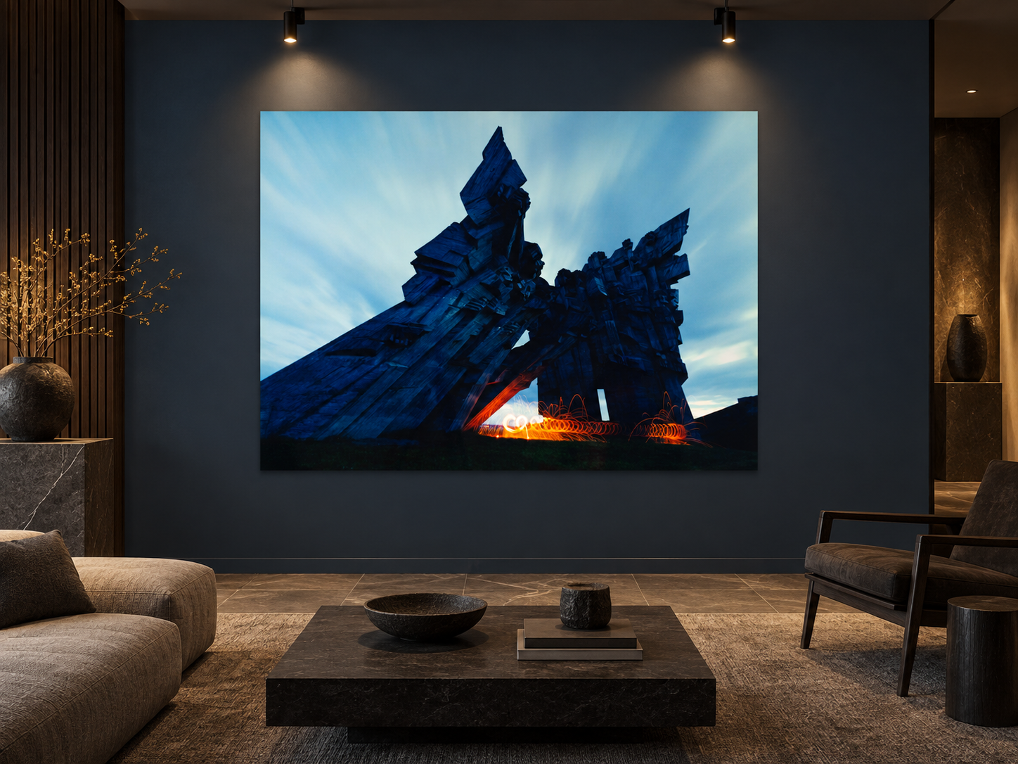 Visualisation d’intérieur générée par IA – Softice on Fire, Litauen. Présentation indicative du format et de l’effet spatial ; il ne s’agit pas d’une installation photographiée.