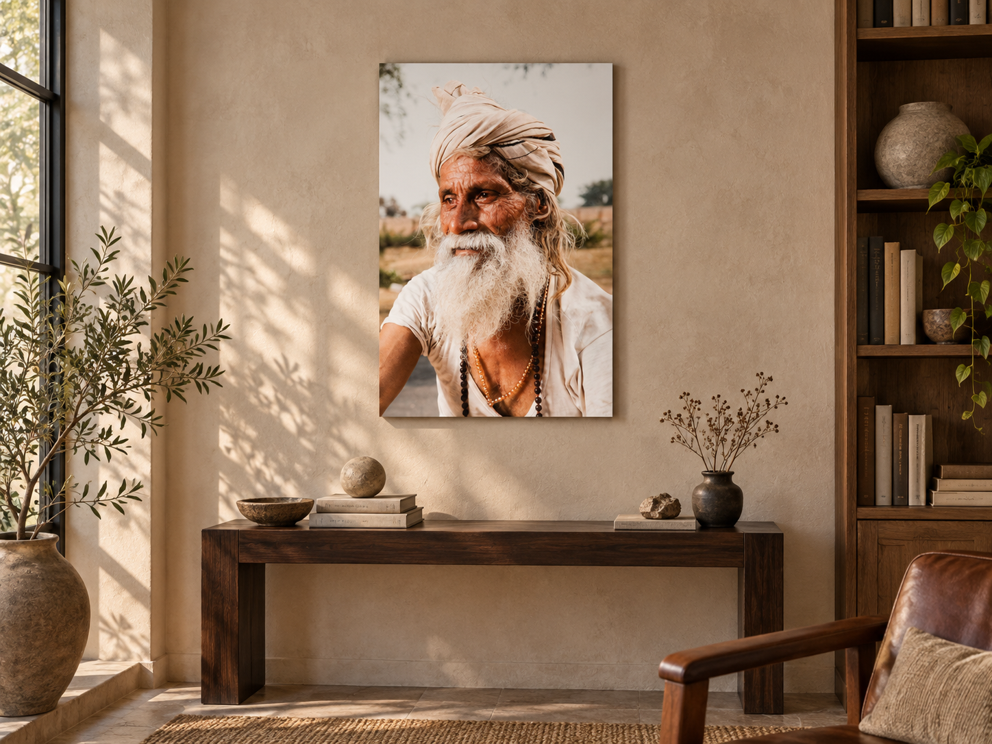 KI-generierte Raumvisualisierung – Dandavat Parikram Sadhu, Indien. Darstellung dient der Orientierung zu Größe und Wirkung; keine fotografierte Installation.