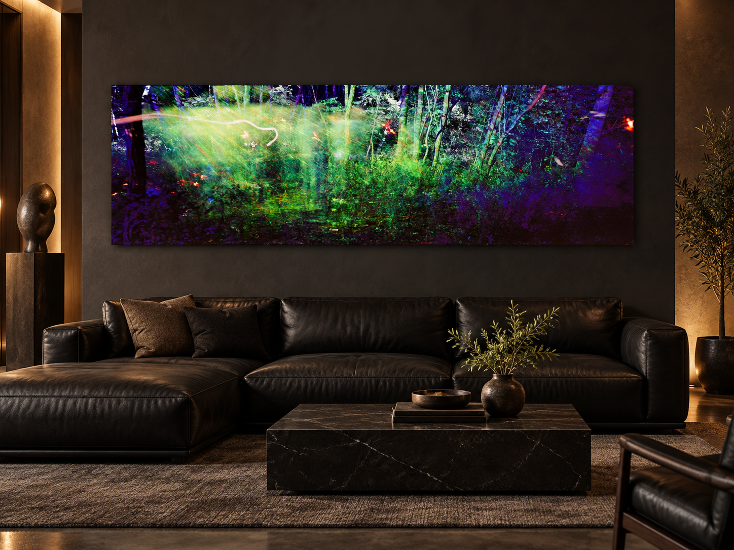 KI-generierte Raumvisualisierung – Laser Forest, Deutschland. Darstellung dient der Orientierung zu Größe und Wirkung; keine fotografierte Installation.