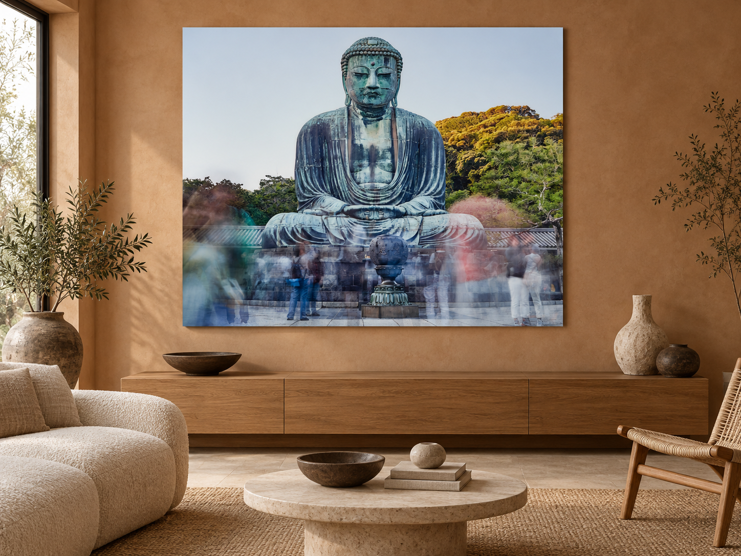 KI-generierte Raumvisualisierung – Kōtoku-in, Japan. Darstellung dient der Orientierung zu Größe und Wirkung; keine fotografierte Installation.